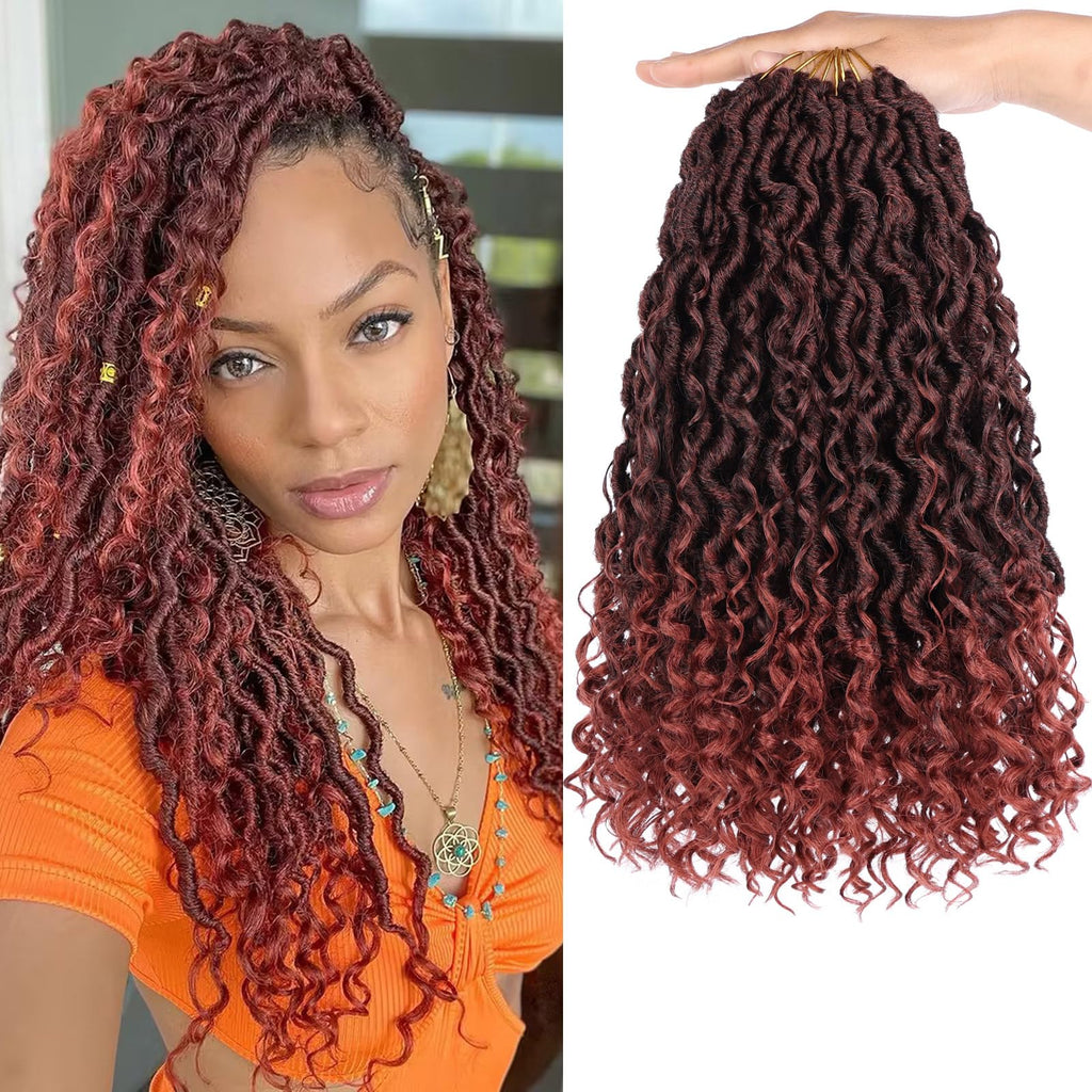 COOKOO Ombre Ginger Goddess Locs Crochet Hair 14 Inch 8 Packs Bohemian Faux Locs Crochet Hair for Kids Pre Looped River Locs Crochet Hair with Curly Ends Soft Crochet Goddess Locs Hair T350#