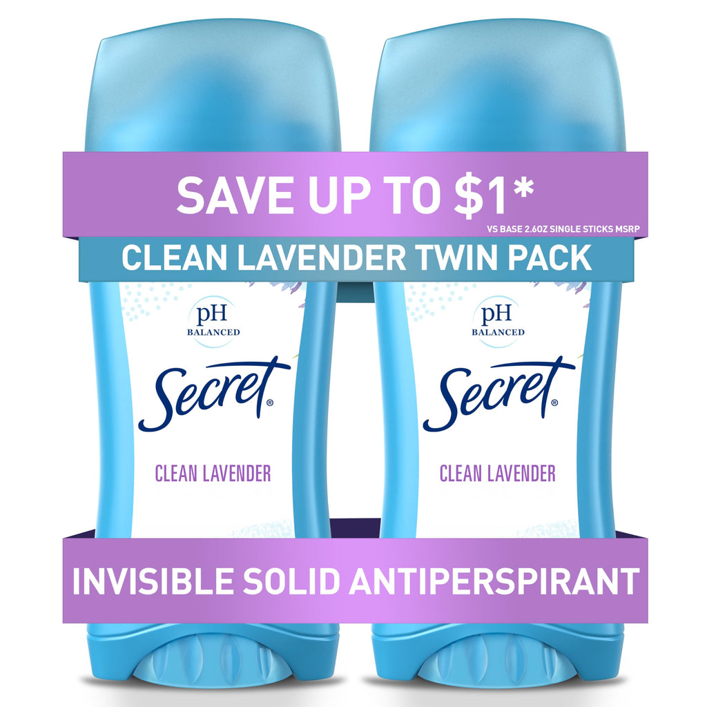 Secret Antiperspirant and Deodorant for Women 24hr Sweat & Odor Protection PH Balanced Protection Gentle on Skin Invisible Solid Clean Lavender Scent 2.6 oz (Pack of 2)
