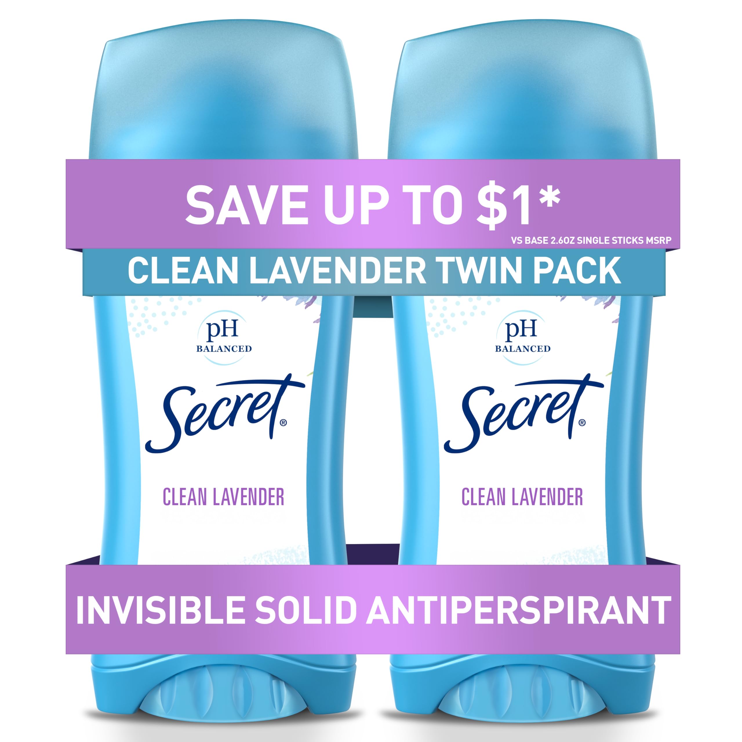 Secret Antiperspirant and Deodorant for Women 24hr Sweat & Odor Protection PH Balanced Protection Gentle on Skin Invisible Solid Clean Lavender Scent 2.6 oz (Pack of 2)