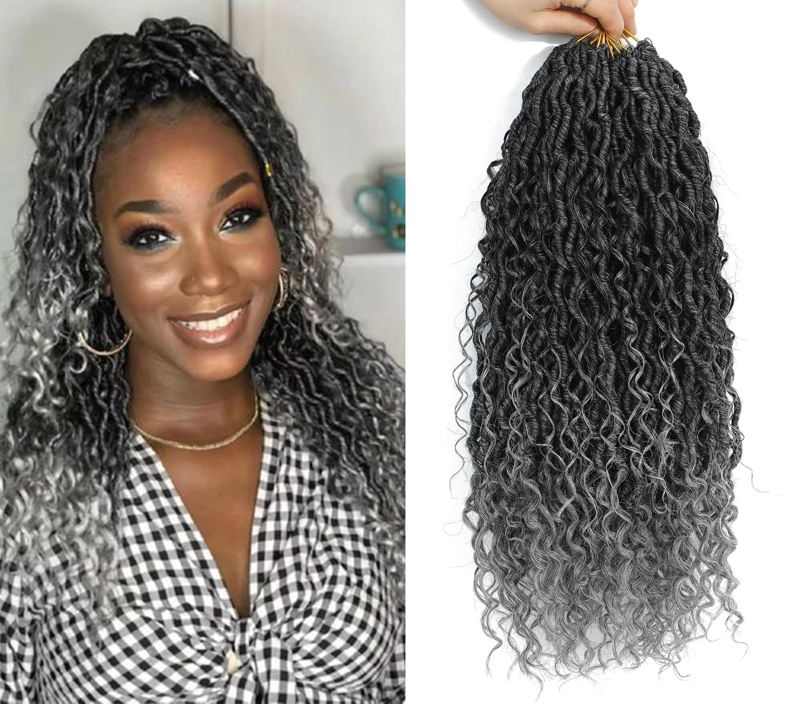 Goddess Locs Crochet Hair For Black Women 14 Inch 8 Packs Faux Locs Crochet Hair Crochet Locs Crochet Hair Pre Looped Crochet Locs River Locs With Curly Ends (14 Inch1B/Grey#)