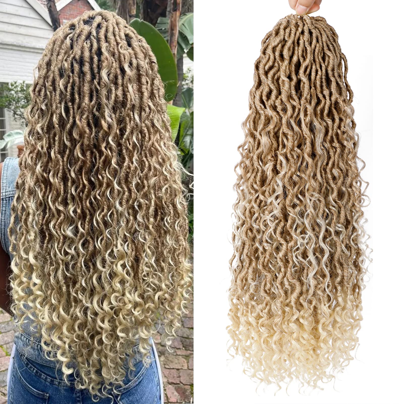 Goddess Locs Crochet Hair 22 Inch 7 Packs Ombre Blonde Boho Faux Locs Crochet Hair for Black Women Pre Looped Crochet Locs with Curly Ends (27/613)