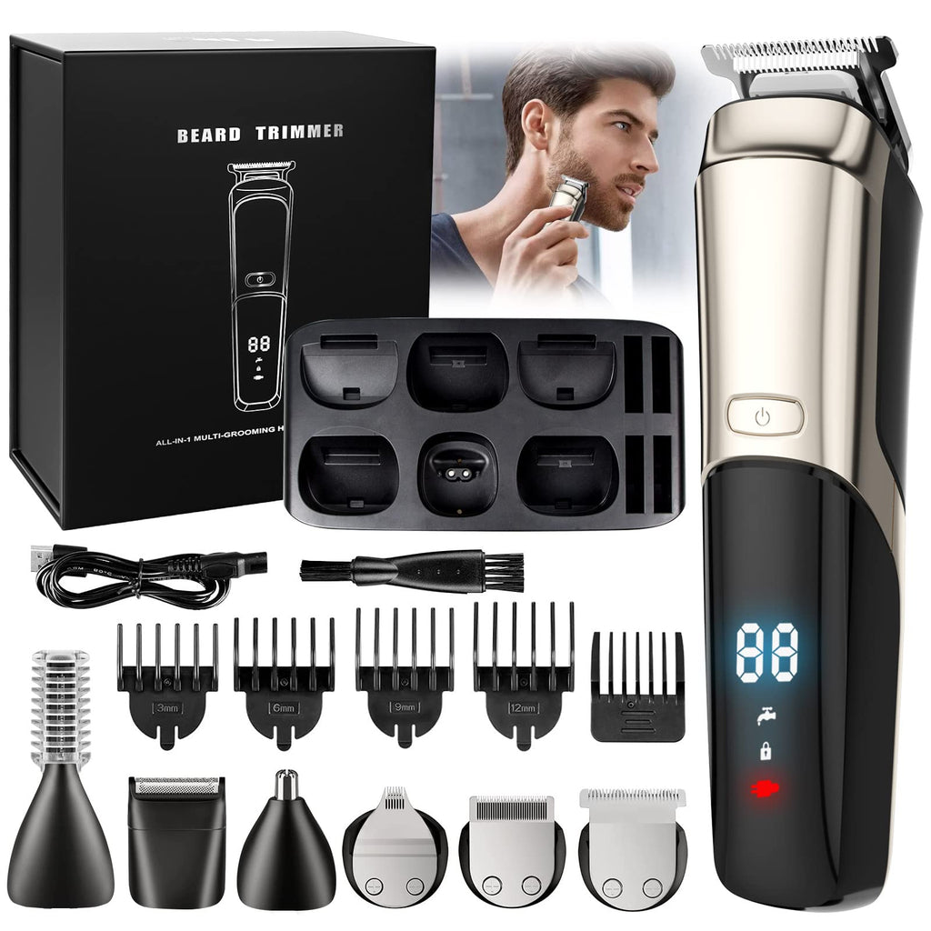 Beard Trimmer Cordless Hair Clippers for Men Body Hair Trimmer Mustache Nose Facial Cutting Groomer Waterproof Electric Shaver 11 in 1 Grooming Kit USB Rechargeable & LED Display 1.0 Count