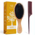 Sunher Boar Bristle Hair Brush - Boar and Nylon Bristles for Women Men Kids Smoothing Detangling - Wooden Hairbrush with Plastic Tail Comb for Long Thick Curly Hair