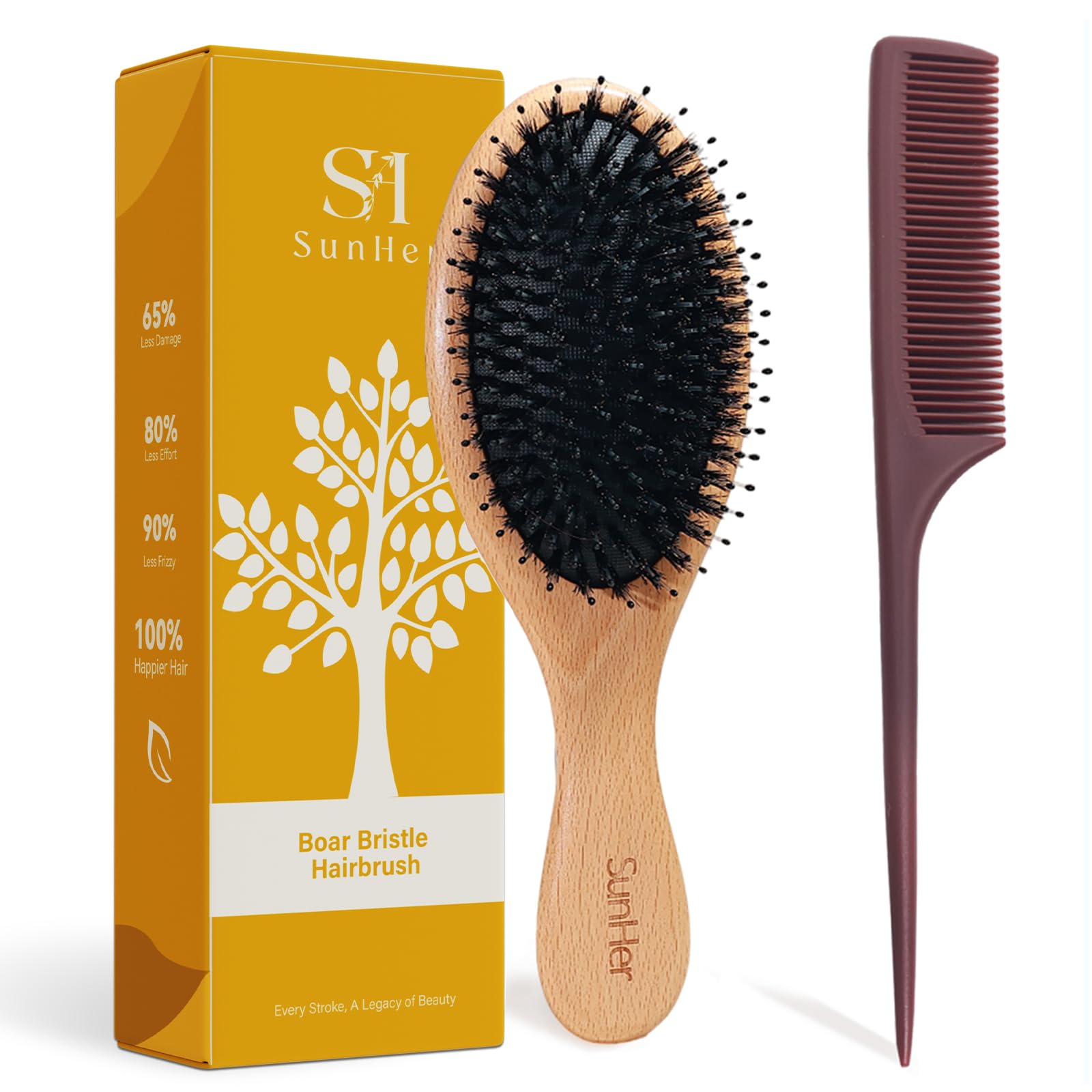 Sunher Boar Bristle Hair Brush - Boar and Nylon Bristles for Women Men Kids Smoothing Detangling - Wooden Hairbrush with Plastic Tail Comb for Long Thick Curly Hair