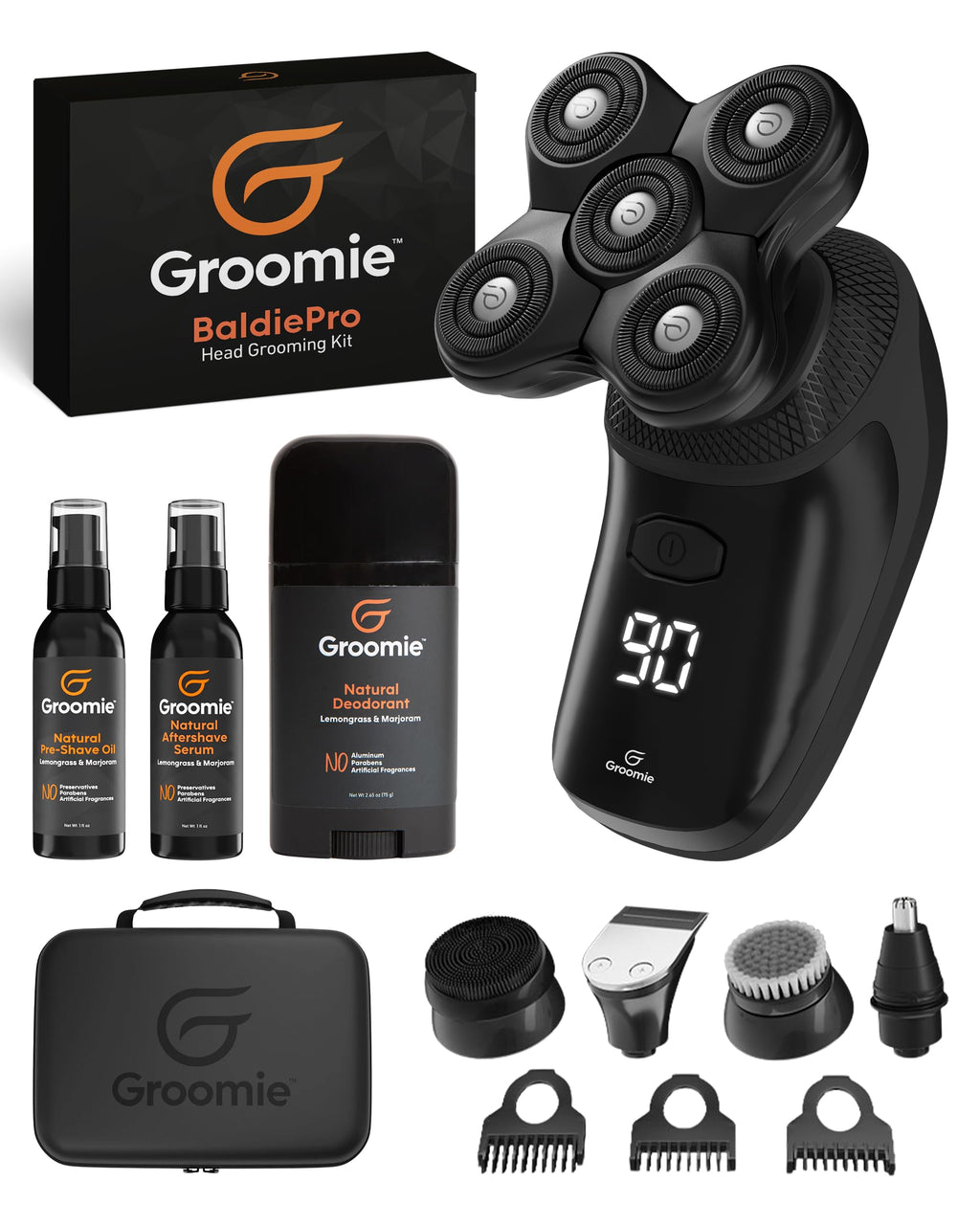 Groomie Crispy AF Shaving & Grooming Kit for Bald Men - Set Includes BaldiePro Electric Razor Pre-Shave Oil Aftershave Deodorant & Travel Carrying Case - All-in-One Head Shaver Kits for Men