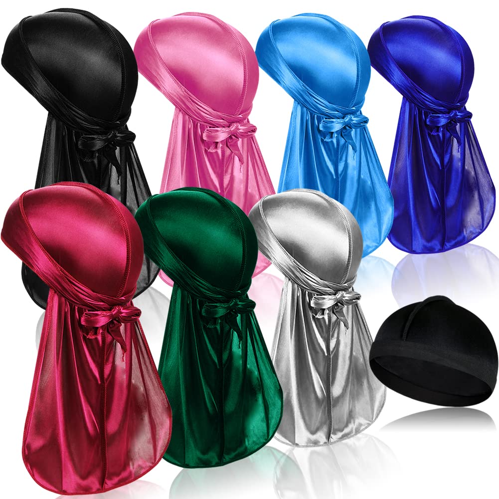 7 PCS Silky Durags with Long Tail and 1 Satin Wave Cap Do Rags for Men 360 Waves Multicolour