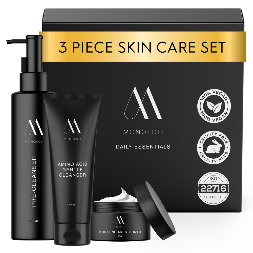 Monopoli Skin Daily Essentials Kit | 3-Piece Skincare Set with Pre-Cleanser Amino Acid Gentle Cleanser & Hydrating Moisturizer | Essential Collection for Radiant Skin | Essentials for Women & Teens