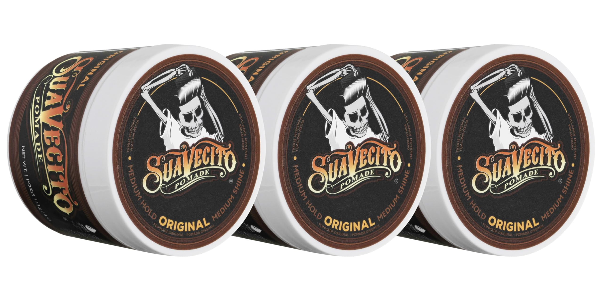 Suavecito Pomade Original Hold 4 oz 3 Pack - Medium Hold Hair Pomade For Men - Medium Shine Water Based Wax Like Flake Free Hair Gel - Easy To Wash Out - All Day Hold For All Hairstyles