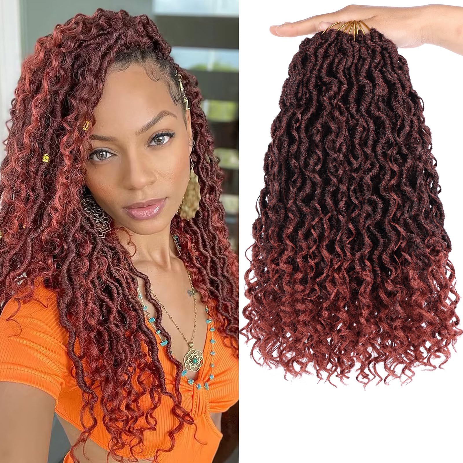 COOKOO Ombre Ginger Goddess Locs Crochet Hair 14 Inch 8 Packs Bohemian Faux Locs Crochet Hair for Kids Pre Looped River Locs Crochet Hair with Curly Ends Soft Crochet Goddess Locs Hair T350#