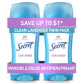Secret Antiperspirant and Deodorant for Women 24hr Sweat & Odor Protection PH Balanced Protection Gentle on Skin Invisible Solid Clean Lavender Scent 2.6 oz (Pack of 2)