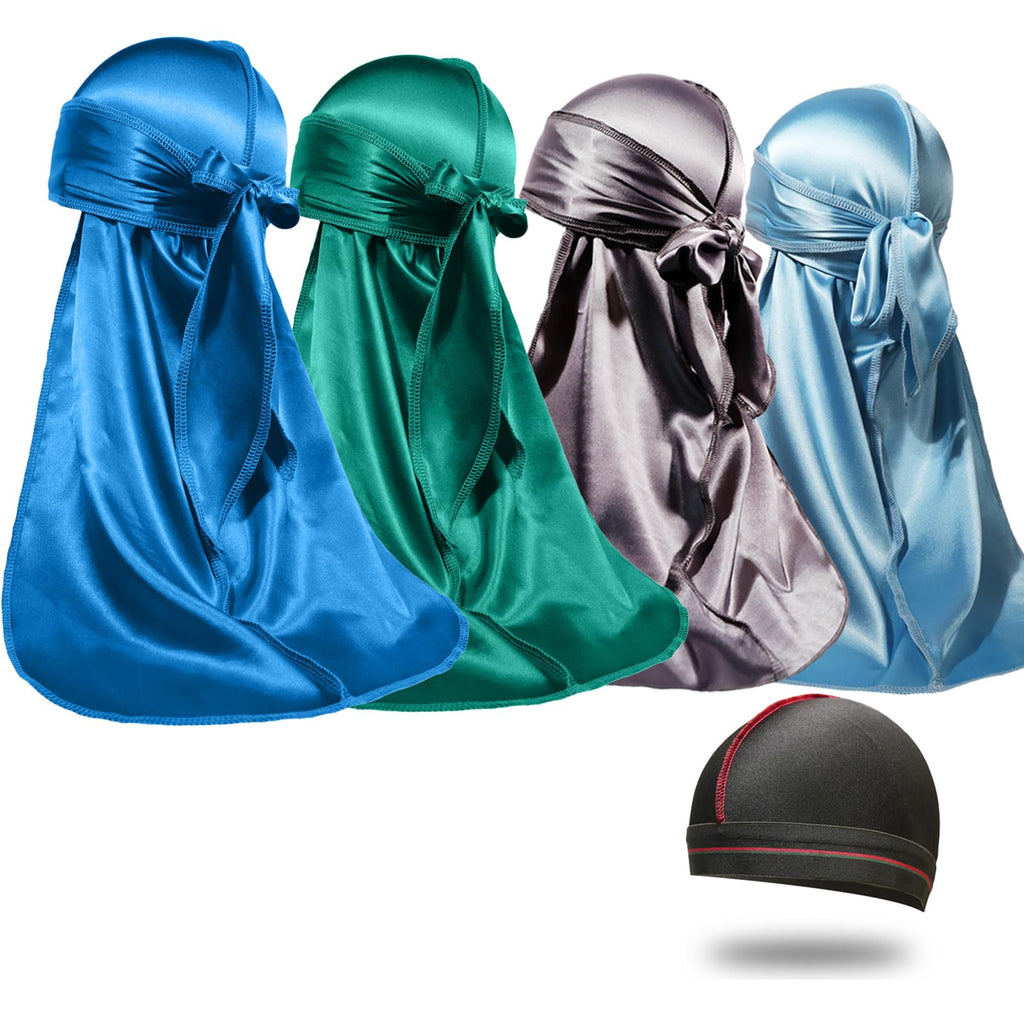 4PCS Silky Durags for Men Women 360 Waves with 1 Wave Cap Silky Satin Durag Extra Long Tails