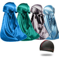 4PCS Silky Durags for Men Women 360 Waves with 1 Wave Cap Silky Satin Durag Extra Long Tails