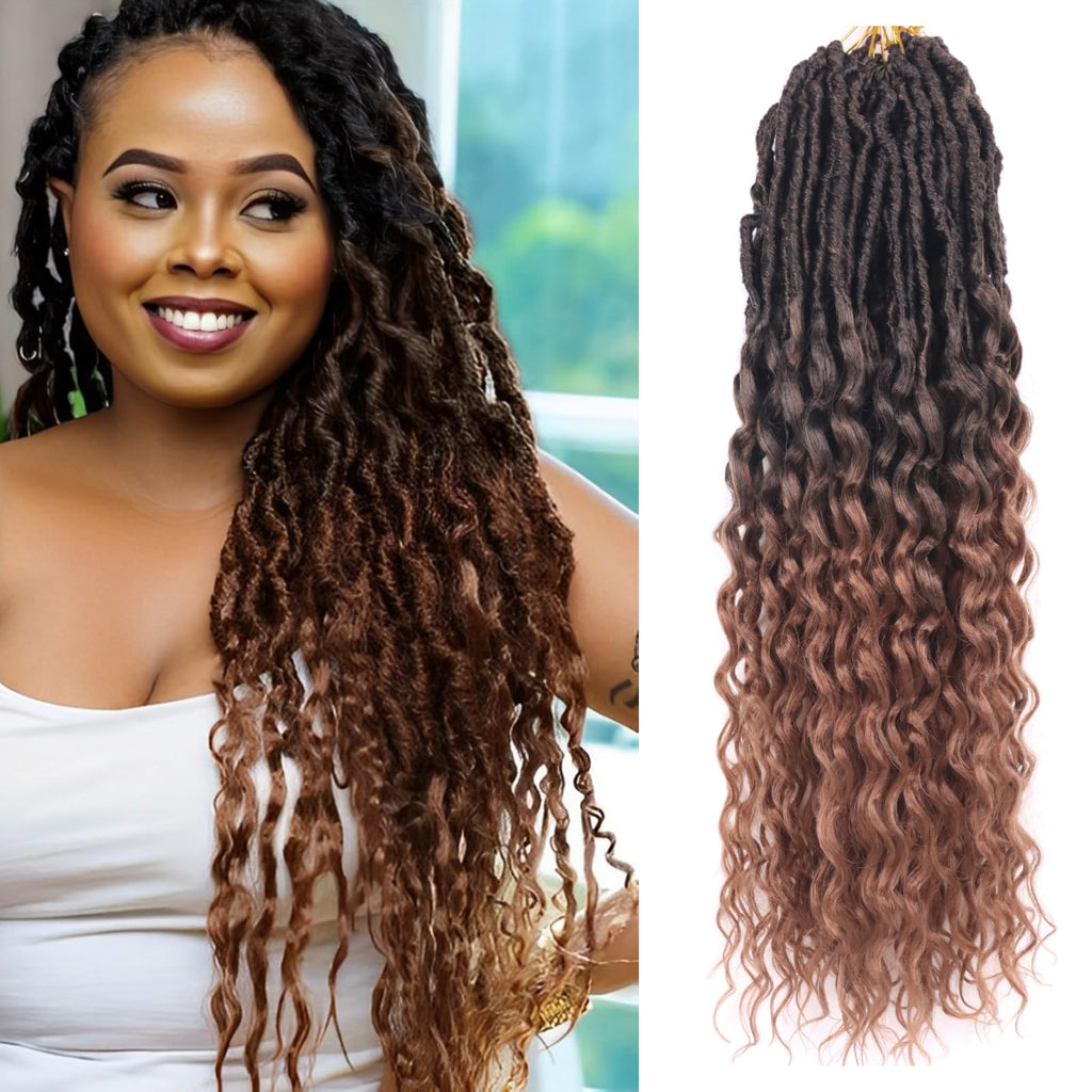 Deep Faux Locs Crochet Hair 24 Inch 8 Packs Goddess Locs Crochet Hair Pre Looped Curly Crochet Hair for Black Women Soft Locs Crochet Braids with Curly Ends (Black mixed Dark Brown)