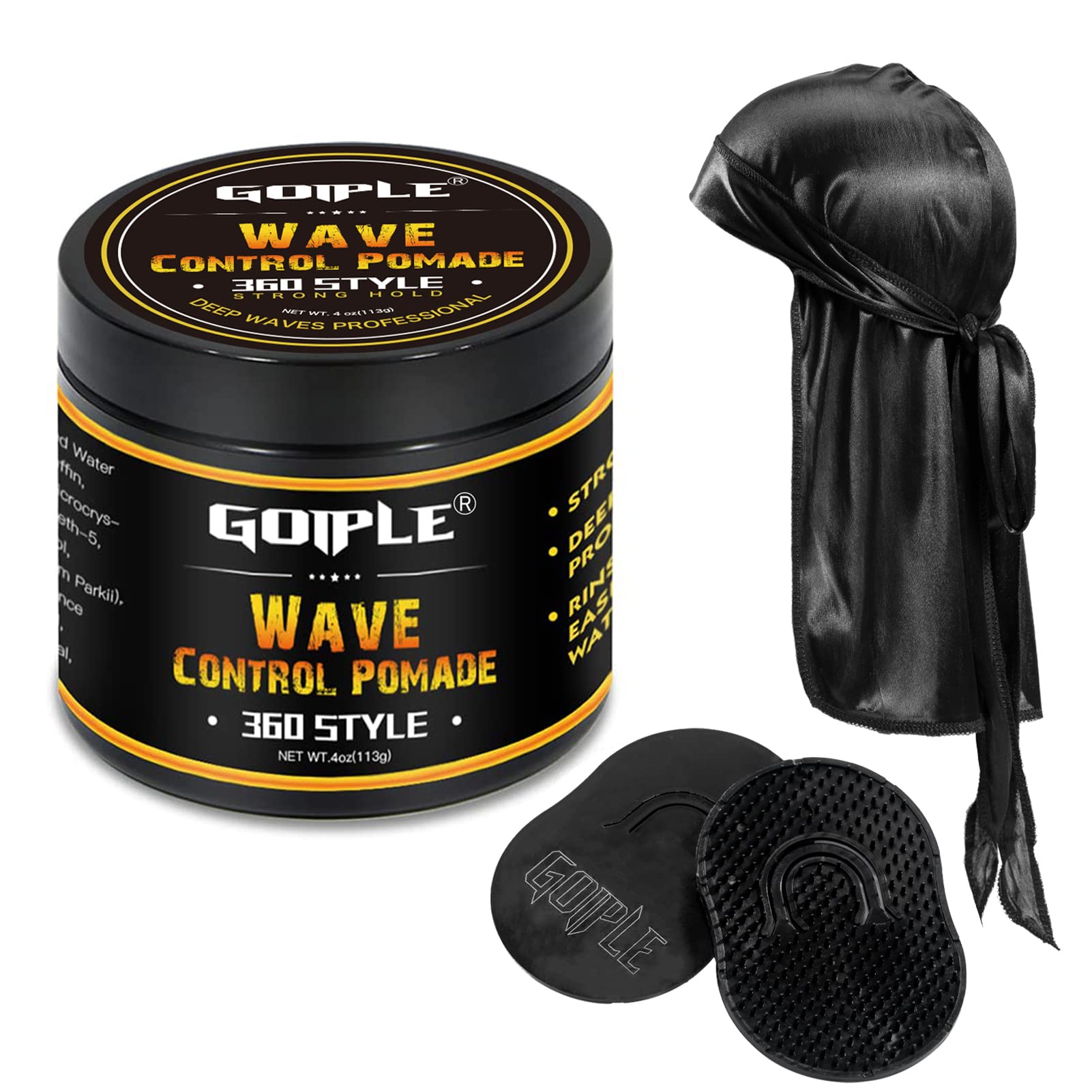 Natural Wave Pomade for Men Strong Hold Easy Wash (Wave Pomade 2 Wave Brushes Silky Durag) Promotes Moisture Control & Shine